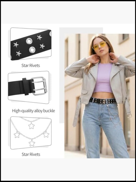 Studded Belt with Chain Star Double Grommet Waist Chains Faux Leather main image 6